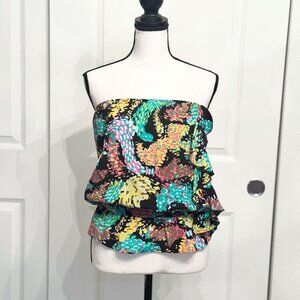 Karina Grimaldi Colorful Silk Strapless Blouse Tube Top Ruffle Side, Size XS